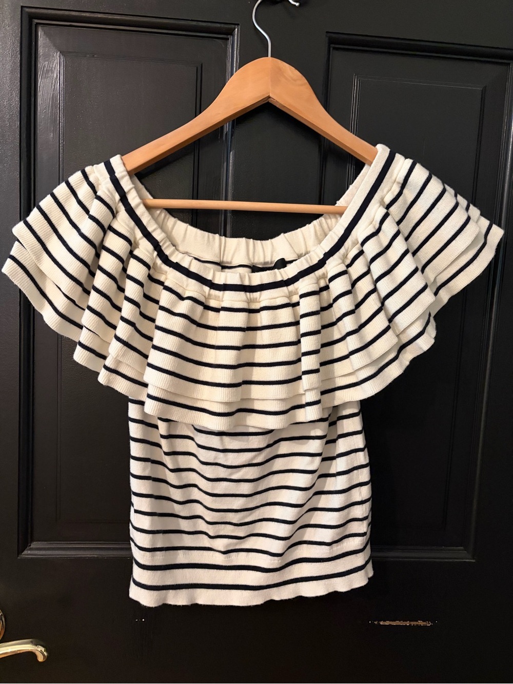 J. Crew Cream and Black Striped Off-Shoulder Ruffle Tunic